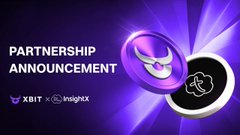 The image features a purple coin with an illustration of a bull's head, accompanied by the text "partnership announcement" written below it. The background of the image is blue, which has a light purple glow. In the bottom right corner of the image, there are two coins placed side by side, one larger and one smaller than the other.