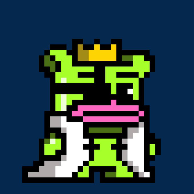 A pixel art frog wearing a golden crown and a flowing white cape with a pink scarf stands against a dark blue background, likely serving as a mascot or winner's emblem for a crypto or NFT giveaway referenced in the post. The image ties into the community celebration by personifying a "champion" or lucky participant receiving rewards.