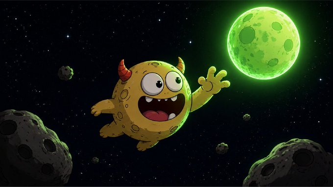 Cartoon illustration of a yellow moon-like character with red horns and a wide smile floating in space, reaching toward a glowing green moon with asteroids scattered around.