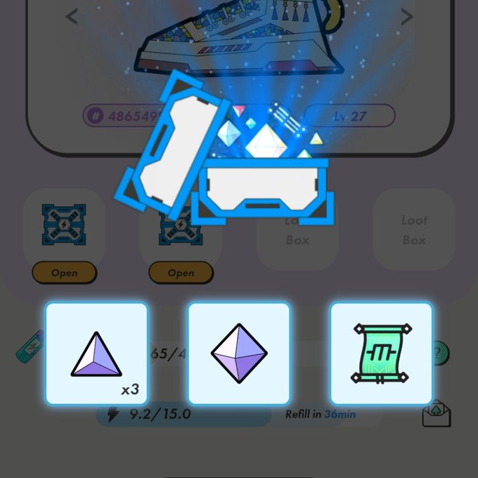 The image shows a #STEPN mobile game screen displaying a Level 27 Sneaker with 486549 hash power, featuring a glowing loot box being opened with rewards including x3 purple pyramid gems and a scroll item, alongside an energy meter showing 9.2/15.0 and a "Refill in 36min" indicator—relating to the post about a Japanese user's first loot box opening from a sub-account.