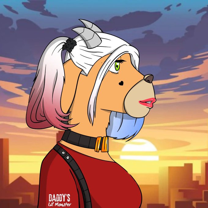 An animated anthropomorphic character 'Daddy's Lil Monster' from DC Comics, featuring white and pink hair, horns, and a red outfit against a sunset cityscape.