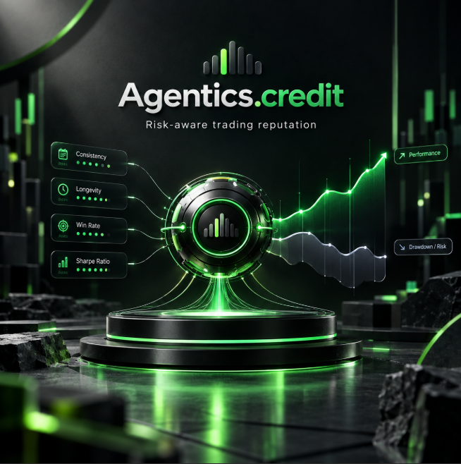Marketing graphic for 'Agentics.credit - Risk-aware trading reputation' featuring a glowing green and black metallic sphere/podium design with metrics panels for Consistency, Longevity, Win Rate, and Sharpe Ratio alongside a rising performance chart.