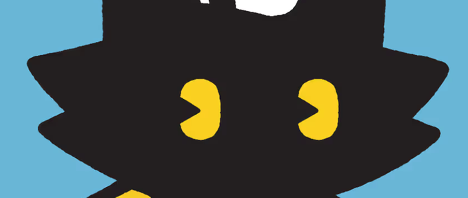 Simple cartoon illustration of a black cat face with yellow Pac-Man-shaped eyes against a light blue background.