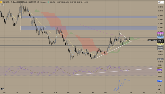 The image displays a TradingView daily candlestick chart of the $USELESS/USDT perpetual contract on Binance, showing price action between September 2025 and August 2026, with current price around 0.07134. The chart features Ichimoku cloud overlays, horizontal resistance zones near 0.17-0.23 and support at 0.0584, a rising trendline with bullish divergence on the RSI indicator, and a bottoming pattern that visually supports the post's claim of a memecoin recovering after a bear market capitulation phase.