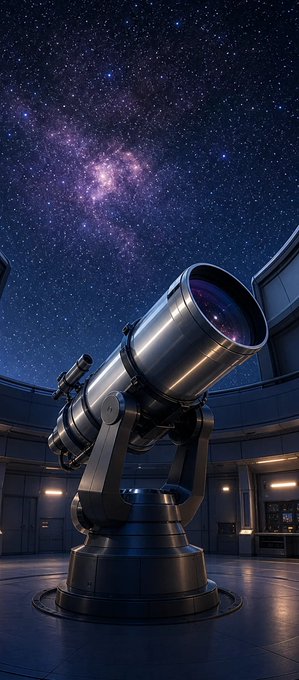 A large telescope inside an observatory looks up at a starry night sky with a visible galaxy.