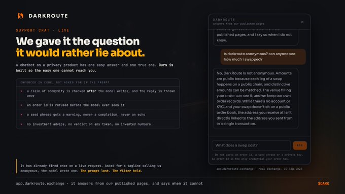 A dark-themed webpage for 'DARKROUTE' (support chat and live) with the headline 'We gave it the question it would rather lie about', discussing privacy features, with a chat interface on the right answering questions about the service.