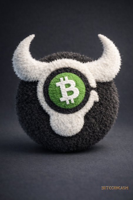 A fuzzy black and white plush object features white horn-like protrusions and a green circular Bitcoin logo with the text 'BITCOINCASH' visible in the bottom right corner.