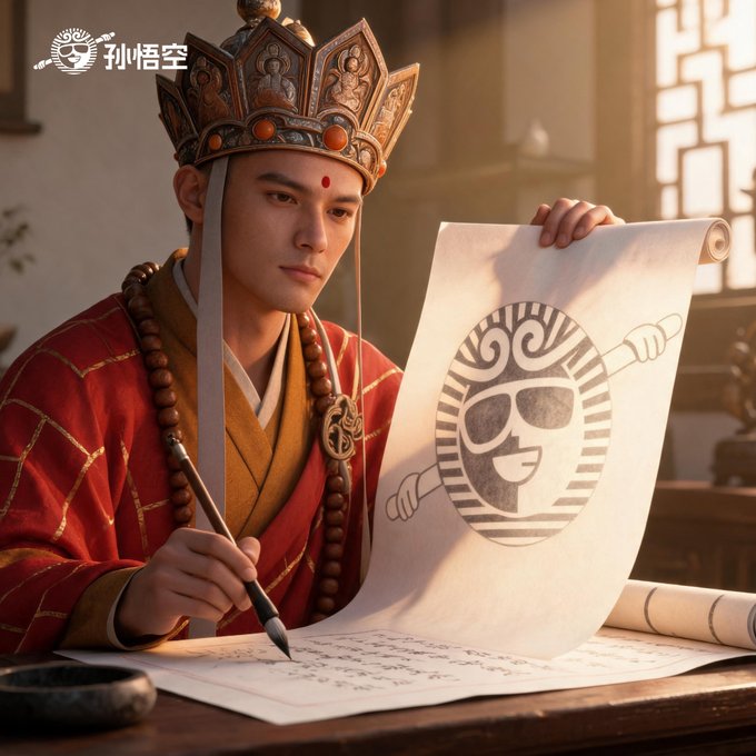 A man dressed in red and gold monastic robes with a beaded necklace and an ornate crown is drawing a sketch of a tribal-style face on a scroll, with the text '孙悟空' in the top left corner.