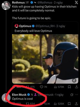 A screenshot of a social media post by Rothmus showing Optimus robots responding to Elon Musk's tweet 'Optimus is cool' with the caption 'Kids will grow up having Optimus in their kitchen and it will be completely normal. The future is going to be epic.'