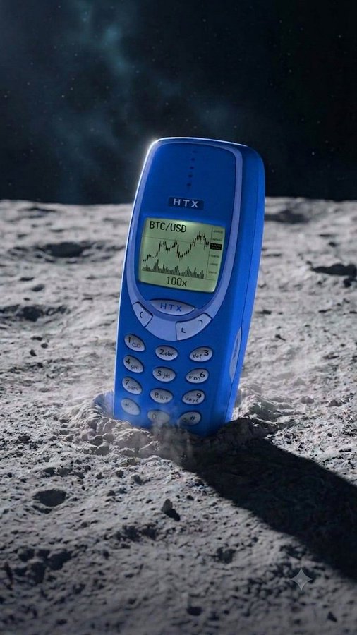 A blue HTX branded phone is stuck in the moon's surface, displaying a BTC/USD chart with "100x" on its screen. This image relates to the post's question of whether a trading setup is valid, prompting discussion on potential market movements.