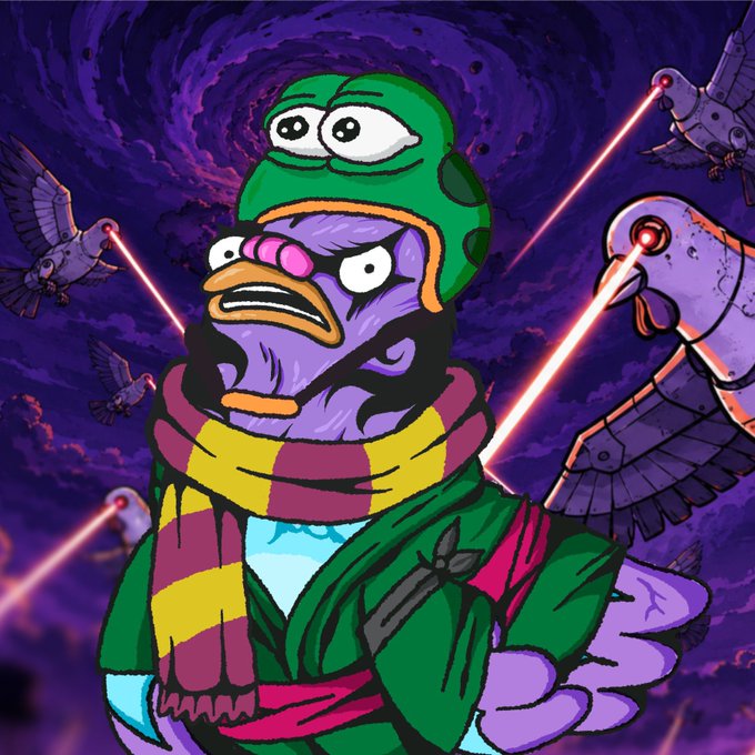 A cartoon purple bird wearing a green frog hat and a maroon-yellow striped scarf (resembling Gryffindor colors) points forward intensely while laser-eyed pigeons fly against a swirling purple cosmic background, illustrating a cryptocurrency NFT giveaway. The image ties into the promotional post's announcement of a "1x GTD Rally NFT GIVEAWAY" for whitelist spots.