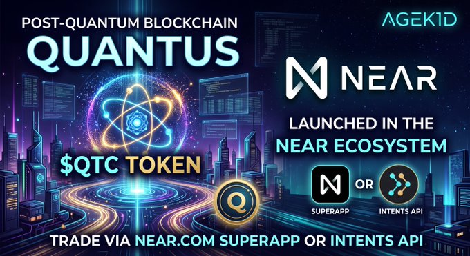 A promotional graphic advertises 'QUANTUS' as a 'POST-QUANTUM BLOCKCHAIN' with the '$QTC TOKEN', stating it has 'LAUNCHED IN THE NEAR ECOSYSTEM' with an 'AGEKID' watermark.