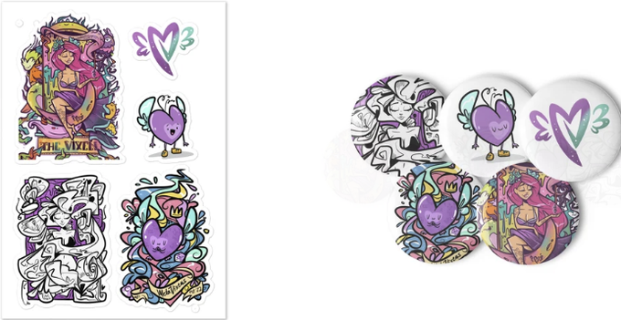 A sticker pack and matching button pack featuring colorful illustrations of stylized women, a winged heart character, and a banner reading "THE VIXEN," promoting a giveaway for @MetaVixensNFT merchandise tied to an upcoming Twitter Space event.