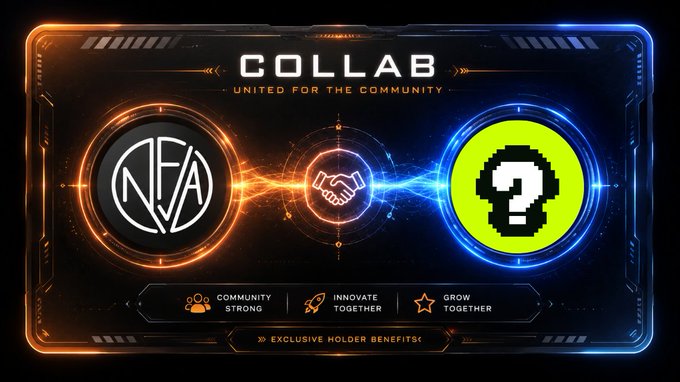 A digital graphic displaying "COLLAB UNITED FOR THE COMMUNITY" featuring an "NFA" logo and a yellow question mark icon, with text "COMMUNITY STRONG", "INNOVATE TOGETHER", "GROW TOGETHER", and "EXCLUSIVE HOLDER BENEFITS".