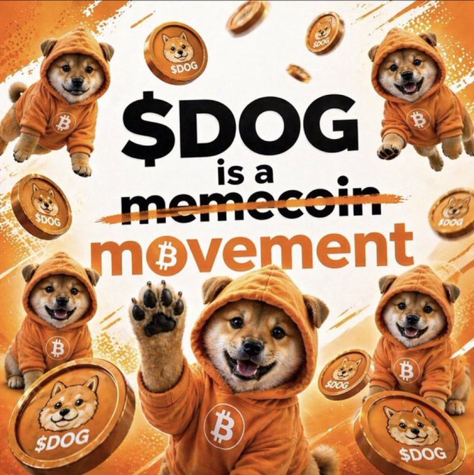 A promotional image for "$DOG" meme coin featuring multiple Shiba Inu dogs wearing orange Bitcoin-themed hoodies, with the slogan "$DOG is a memecoin movement."