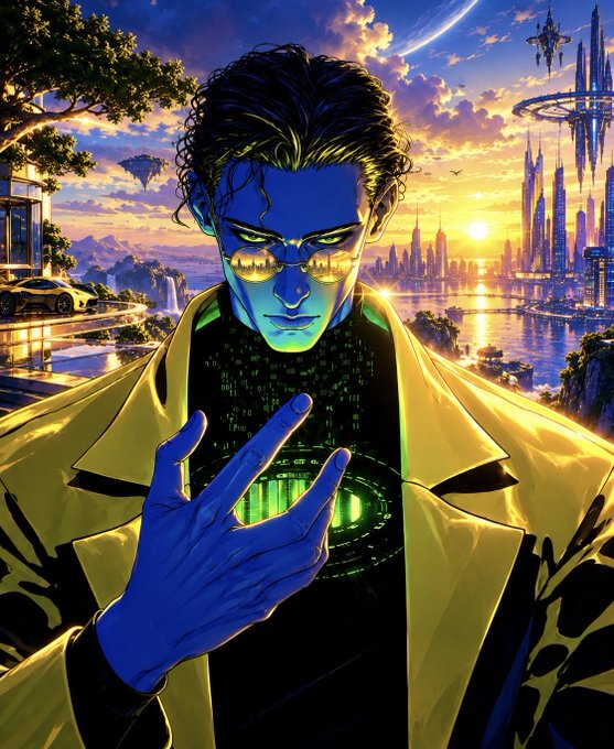 A vibrant comic book-style illustration of a blue-skinned man with glowing green eyes and cybernetic features, wearing a yellow coat and making a hand gesture while standing against a futuristic cityscape at sunset.