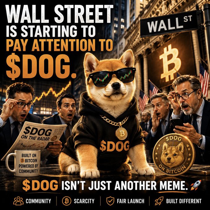 A promotional image featuring a Shiba Inu dog wearing sunglasses and a '$DOG' hoodie and gold chain, with the text 'WALL STREET IS STARTING TO PAY ATTENTION TO $DOG. $DOG ISN'T JUST ANOTHER MEME.' along with icons for Community, Scarcity, Fair Launch, and Built Different.