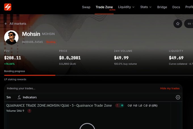 A cryptocurrency trading interface on Quai Network's Trade Zone showing the MOHSIN token at a price of $0.00082081 with $49.99 24H volume.