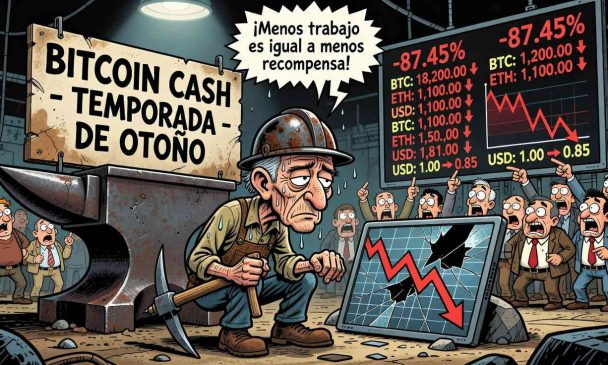 Cartoon illustration with the title 'BITCOIN CASH - TEMPORADA DE OTONO' depicting a sad miner with a pickaxe and hammer standing before a crashed laptop with declining charts showing -87.45%, with speech text '¡Menos trabajo es igual a menos recompensa!'.