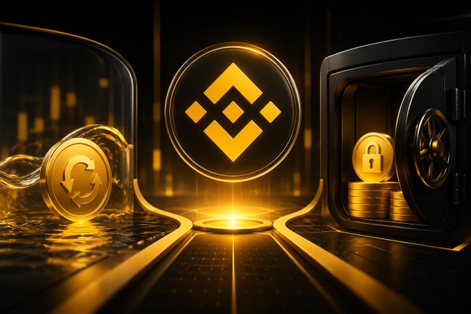 A glowing Binance logo floats between a container of golden coins and a secured vault, symbolizing the diverse crypto earning products available beyond simple trading. The imagery of locked assets alongside free-flowing currency reflects how the crypto ecosystem offers various options for users to store, earn, and grow their eligible digital holdings securely.