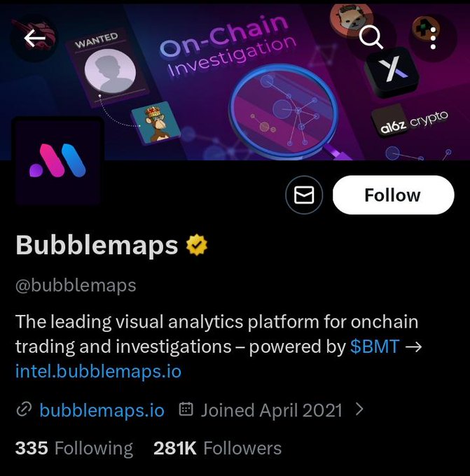 The image shows the X (Twitter) profile page for **Bubblemaps (@bubblemaps)**, a visual analytics platform for onchain trading and investigations powered by **$BMT**, with 281K followers and joined April 2021. The accompanying post aligns with the profile by celebrating a successful call on **$BMT**, noting it's "up 3x" and teasing another similar opportunity, matching the platform's focus on identifying promising onchain tokens.