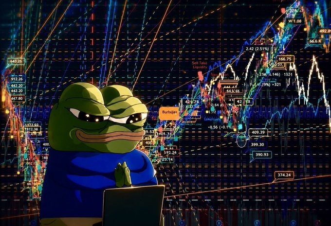 A cartoon image of the 'Sad Pepe' frog character wearing a blue shirt, positioned in front of a complex background of glowing stock market trading charts and numbers.