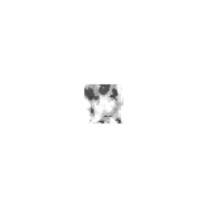 A small, pixelated black and white image of a dog wearing sunglasses sits in the center of a white background.