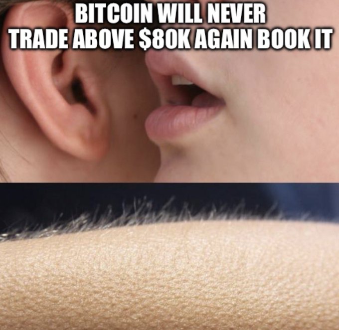 Meme image with top panel showing a close-up of a person whispering into someone's ear, captioned 'BITCOIN WILL NEVER TRADE ABOVE $80K AGAIN BOOK IT', and a bottom panel showing goosebumps on skin.