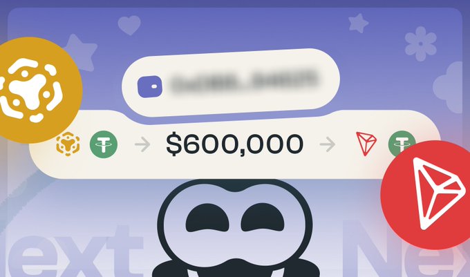 A graphic showing a $600,000 conversion from Tether (USDT) to TRON (TRX), featuring the Kaito logo and a cartoon character.