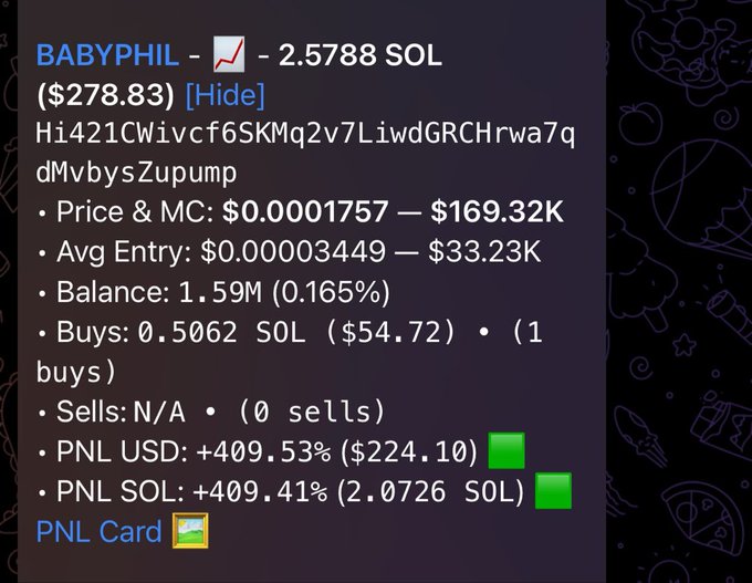 The image shows a trading card for the token $BABYPHIL displaying a 2.5788 SOL ($278.83) position with a +409.53% gain ($224.10 profit), supporting the poster's claim that their gamble on $babyphil is paying off after starting with $50.