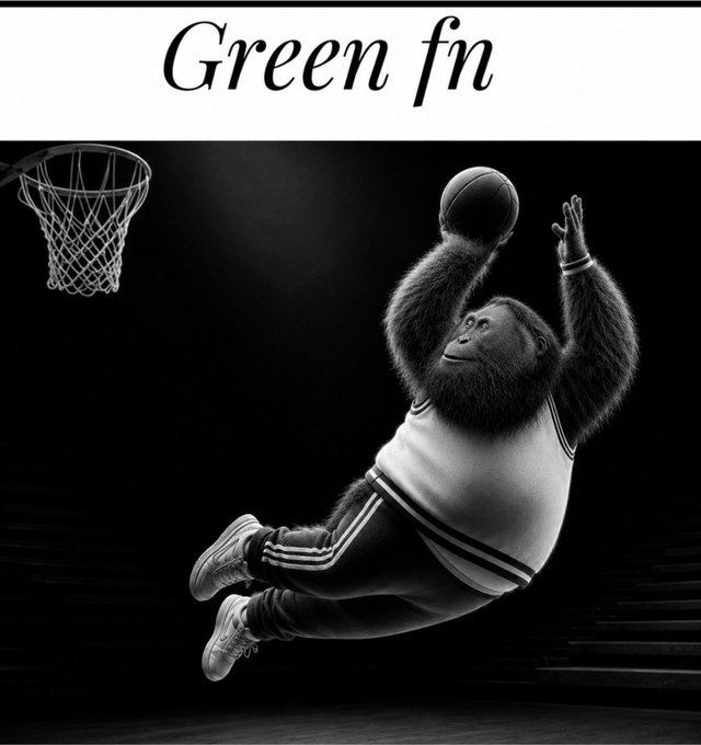 Black and white image of a gorilla wearing a basketball uniform mid-air, dunking a ball, with the text "Green fn" at the top.