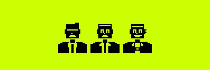 Three pixel-art figures in suits are displayed on a bright lime green background, visually representing the "Broke Dealers" mentioned in the accompanying promotional post about an upcoming NFT collection on Robinhood chain.