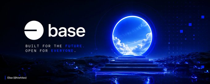 A promotional banner for Base blockchain reading 'BUILT FOR THE FUTURE. OPEN FOR EVERYONE.' alongside a glowing blue portal sphere and the text 'Elise @rhwhteo'.