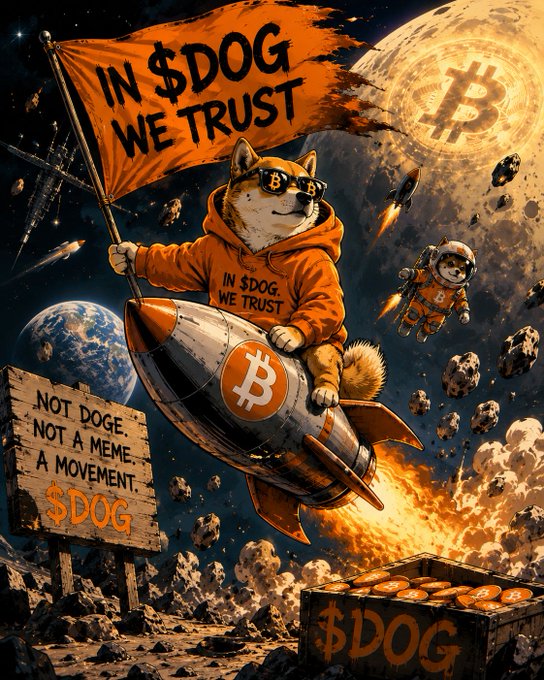 An illustrated crypto poster showing a Shiba Inu dog wearing sunglasses and an orange hoodie riding a Bitcoin rocket, with the flags 'IN $DOG WE TRUST' and a sign reading 'NOT DOGE. NOT A MEME. A MOVEMENT. $DOG'.