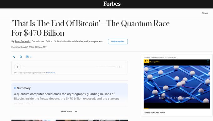 A Forbes article screenshot titled "'That Is The End Of Bitcoin'—The Quantum Race For $470 Billion," published August 2, 2026, by Boaz Sobrado, warning that quantum computing could crack Bitcoin's cryptography protecting an estimated $470 billion in assets. The image illustrates the post's point that each crypto bear market produces a new flavor of FUD, with quantum computing emerging as the latest existential threat narrative following previous fears about Bitcoin's energy use and criminal usage.