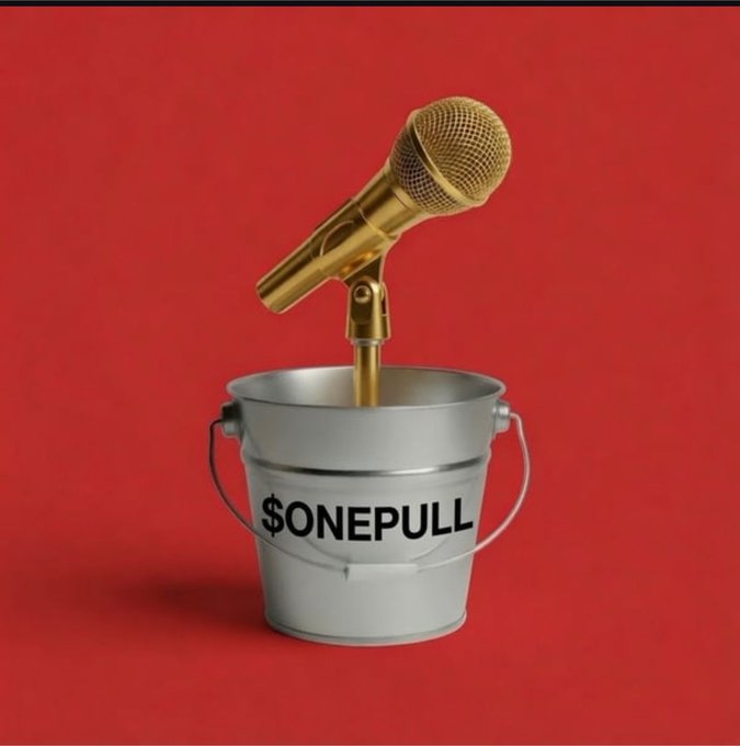 A gold microphone emerges from a silver bucket labeled "$ONEPULL" against a bold red background, visually reinforcing the meme coin's "bucket pull" branding and signaling the project's growing momentum.