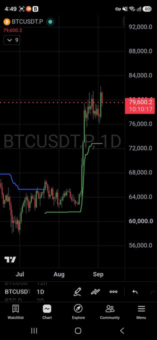 A TradingView chart of BTCUSDT.P on the 1D timeframe shows Bitcoin's price surging from around $54,000 in July to peak near $79,600 in late August, illustrating the volatility and sharp rally referenced in the caption about Bitcoin's potential path toward $250K. The chart visually reinforces the message of riding out dips and accumulation periods before major upward moves.
