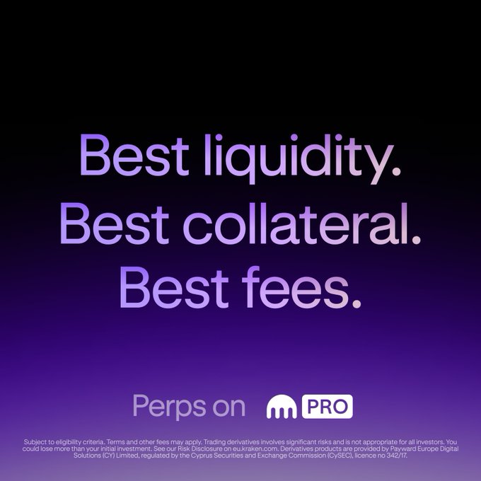 A dark purple and black gradient promotional graphic displaying the text "Best liquidity. Best collateral. Best fees." in large light purple font, with "Perps on [Kraken] PRO" branding at the bottom. The image directly matches the accompanying post, serving as a visual advertisement for Kraken Pro's perpetual futures trading platform, along with small disclaimer text regarding eligibility and regulatory licensing (CySEC licence no 342/17).