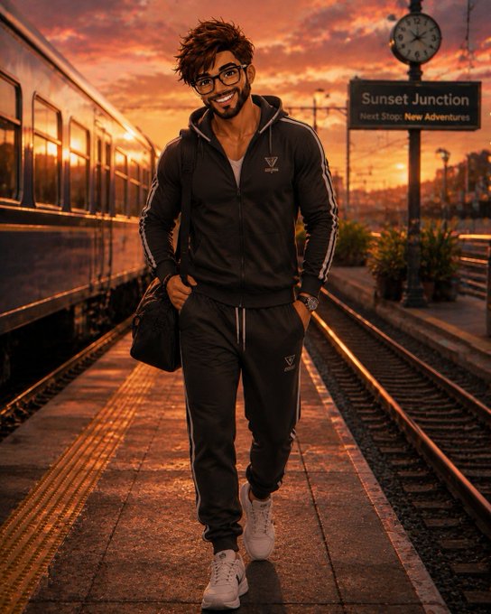 A young man in a black tracksuit smiles confidently on a train platform at sunset, with a sign reading "Sunset Junction - Next Stop: New Adventures" beside him. The image ties into the celebratory new month message, symbolizing fresh starts and exciting journeys ahead.