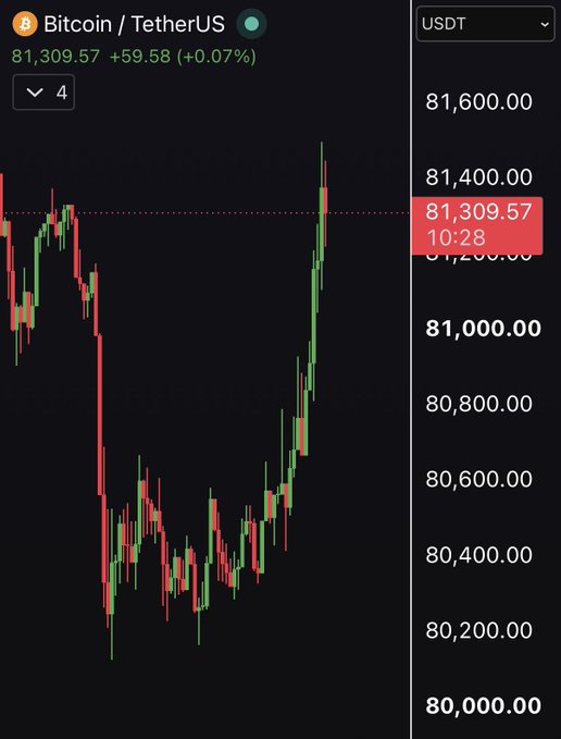 A candlestick chart showing Bitcoin (BTC/USDT) trading at $81,309.57, up +0.07% (+$59.58), with a sharp V-shaped recovery from a dip around $80,200 followed by a strong rally back above $81,300, capturing typical weekend BTC volatility.
