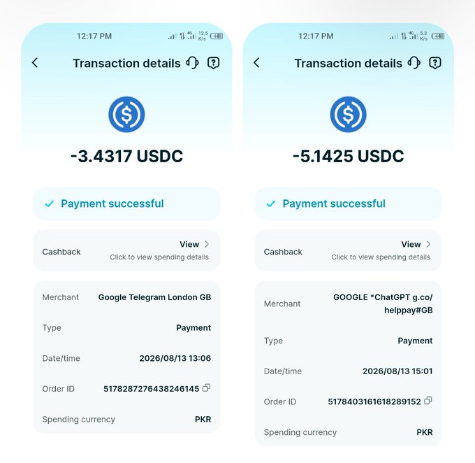 Two Bitget Wallet Card transaction receipts showing successful payments of -3.4317 USDC to Google Telegram London GB and -5.1425 USDC to GOOGLE *ChatGPT g.co/helppay#GB on 2026/08/13, both settled in PKR spending currency, demonstrating seamless crypto-to-card spending in Pakistan.