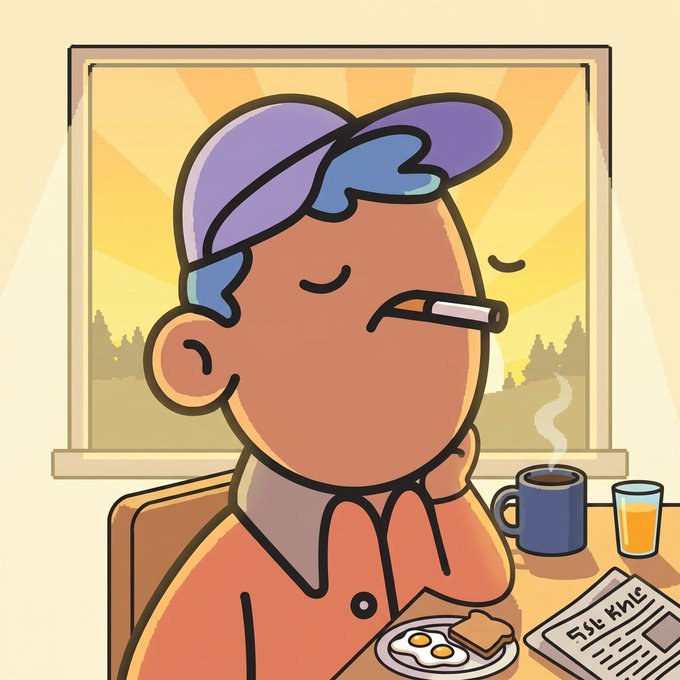 A cartoon illustration of a man in a purple cap smoking a cigarette while sitting at a table with coffee, juice, eggs, toast, and a newspaper.