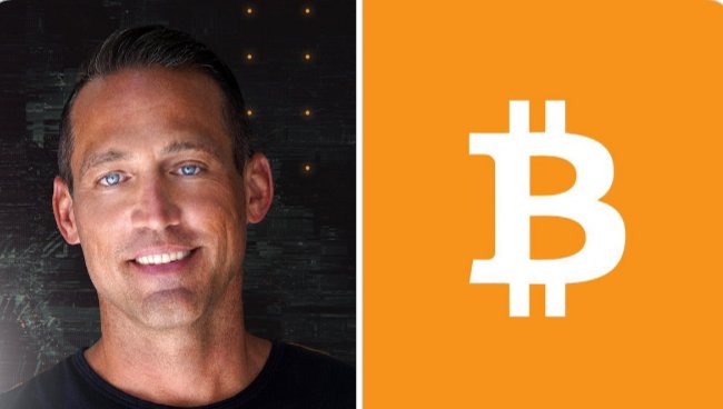 A side-by-side image featuring a portrait of Mark Moss on the left next to the orange Bitcoin logo on the right, visually pairing him with the cryptocurrency he praises as a more effective educational tool than traditional universities for teaching economics and financial concepts.