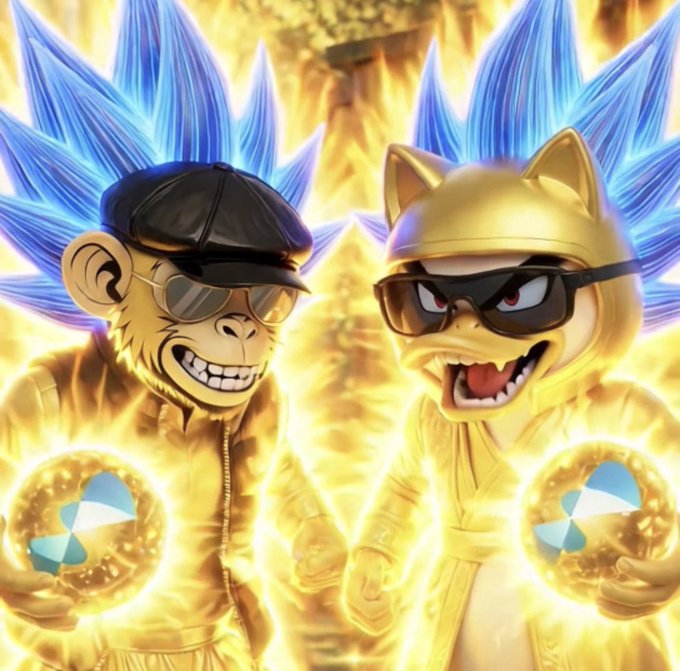 Two golden, anime-styled monkey characters—one wearing a black cap and sunglasses, the other a yellow cat-eared hood with red-tinted glasses—radiate fiery energy and blue power while clutching glowing blue-and-white orbs, styled as a Dragon Ball Super Saiyan transformation to dramatize the "energy and power" comparison between QuipNetwork and traditional proof-of-work chains.