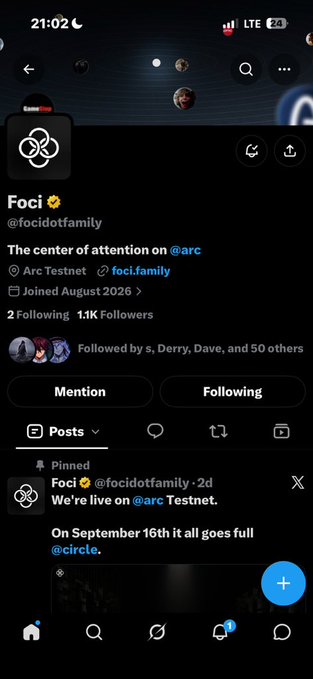 A screenshot of an X (Twitter) profile page for 'Foci' (@focidotfamily), describing itself as 'The center of attention on @arc', on Arc Testnet, joined August 2026, with a pinned post announcing they are live on Arc Testnet.
