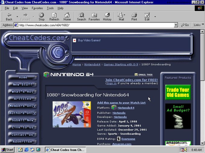 A vintage Internet Explorer browser screenshot of CheatCodes.com showing a page for '1080° Snowboarding for Nintendo64', developed and published by Nintendo, released April 1, 1998.