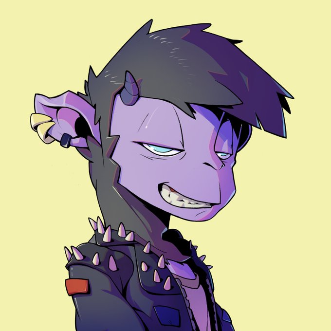 Anime-style character portrait of a purple-skinned demon-like figure with horns, spiked dark clothing, and a mischievous grin against a yellow background.