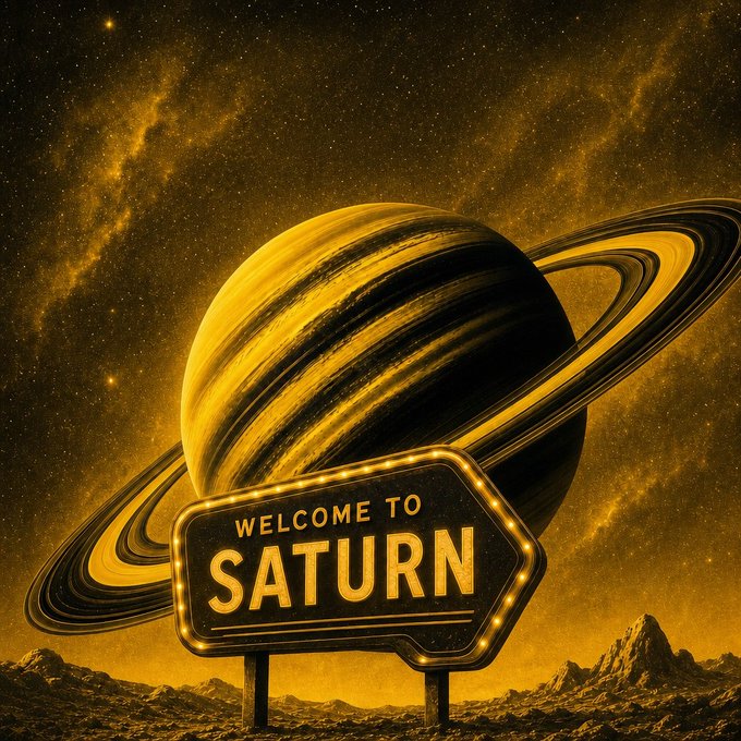A sci-fi style poster of the planet Saturn with a lit sign reading 'WELCOME TO SATURN' in the foreground against a starry golden sky.