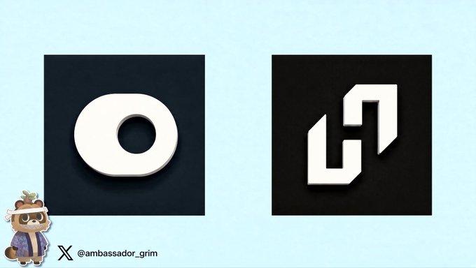 Two stylized 3D letters "o" and "J" on dark square backgrounds against a light blue background, credited to @ambassador_grim on X.
