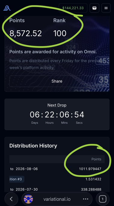 A screenshot of a mobile interface showing account details circled in green, including 'Points 8,572.52', 'Rank 100', and 'Points 1011.979447' under 'Distribution History', with a countdown timer for the 'Next Drop'.